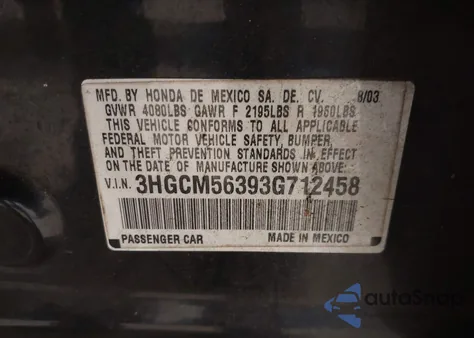 2003 Honda Accord 2.4 Lx из США, поврежденный, VIN 3HGCM56393G712458